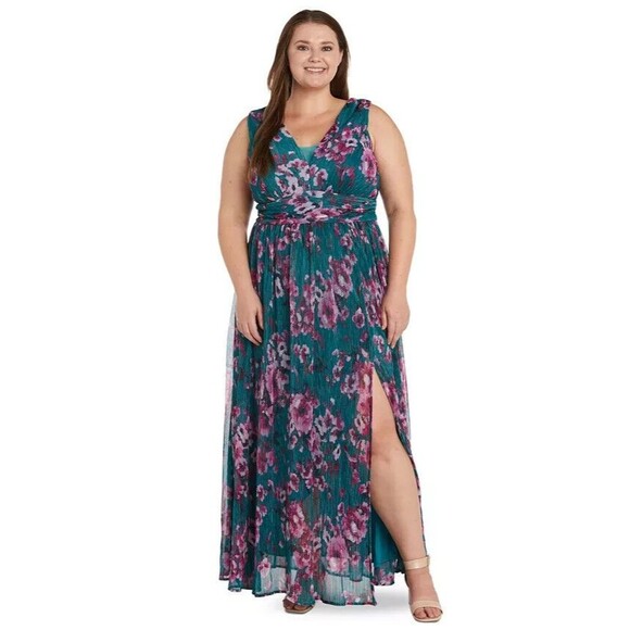 R & M Richards women's Plus Size Floral-Print V Neck Maxi Dress Teal Purple 18W - Picture 1 of 11